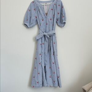 Boden Blue and White Striped Midi Dress with Cherry Accents
